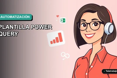 Ilustración plana corporativa de una trabajadora remota feliz junto a un dashboard de datos, representando la automatización de reportes con Excel Power Query.