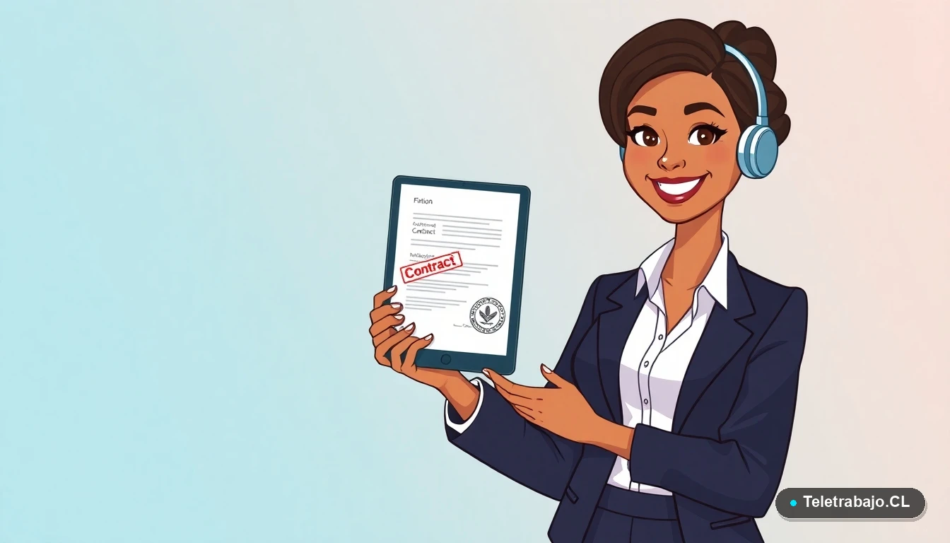 Mujer profesional revisando contrato de teletrabajo en tablet digital, estilo ilustración plana moderna.