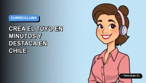 Ilustración plana de una mujer profesional chilena sonriente junto a un portátil, con un fondo degradado azul, representando la creación de un currículum exitoso.