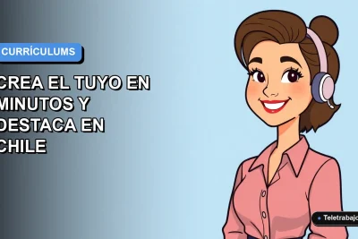 Ilustración plana de una mujer profesional chilena sonriente junto a un portátil, con un fondo degradado azul, representando la creación de un currículum exitoso.