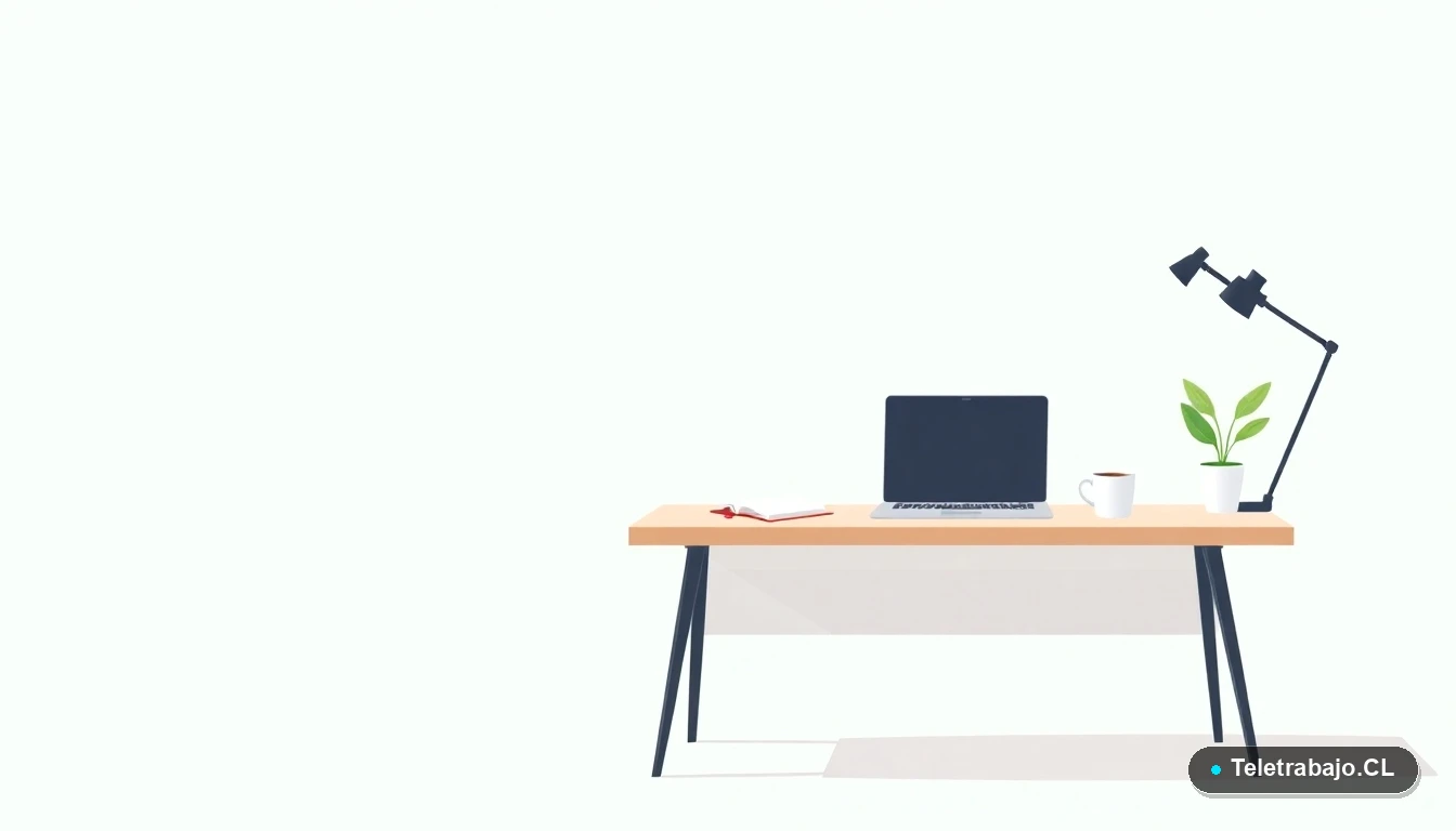 Escritorio moderno minimalista con portátil, cuaderno y café, ilustración plana sobre fondo degradado verde menta, representando productividad y diseño.