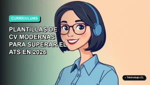 Ilustración vectorial plana de una mujer profesional de teletrabajo con blusa azul, sonriendo, sobre un fondo degradado suave de color aguamarina. A la izquierda, espacio negativo.