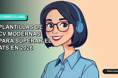 Ilustración vectorial plana de una mujer profesional de teletrabajo con blusa azul, sonriendo, sobre un fondo degradado suave de color aguamarina. A la izquierda, espacio negativo.