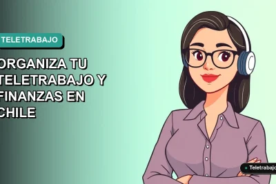 Ilustración plana corporativa de una mujer profesional chilena trabajando desde casa con plantillas de Excel en su laptop, fondo degradado verde azulado.