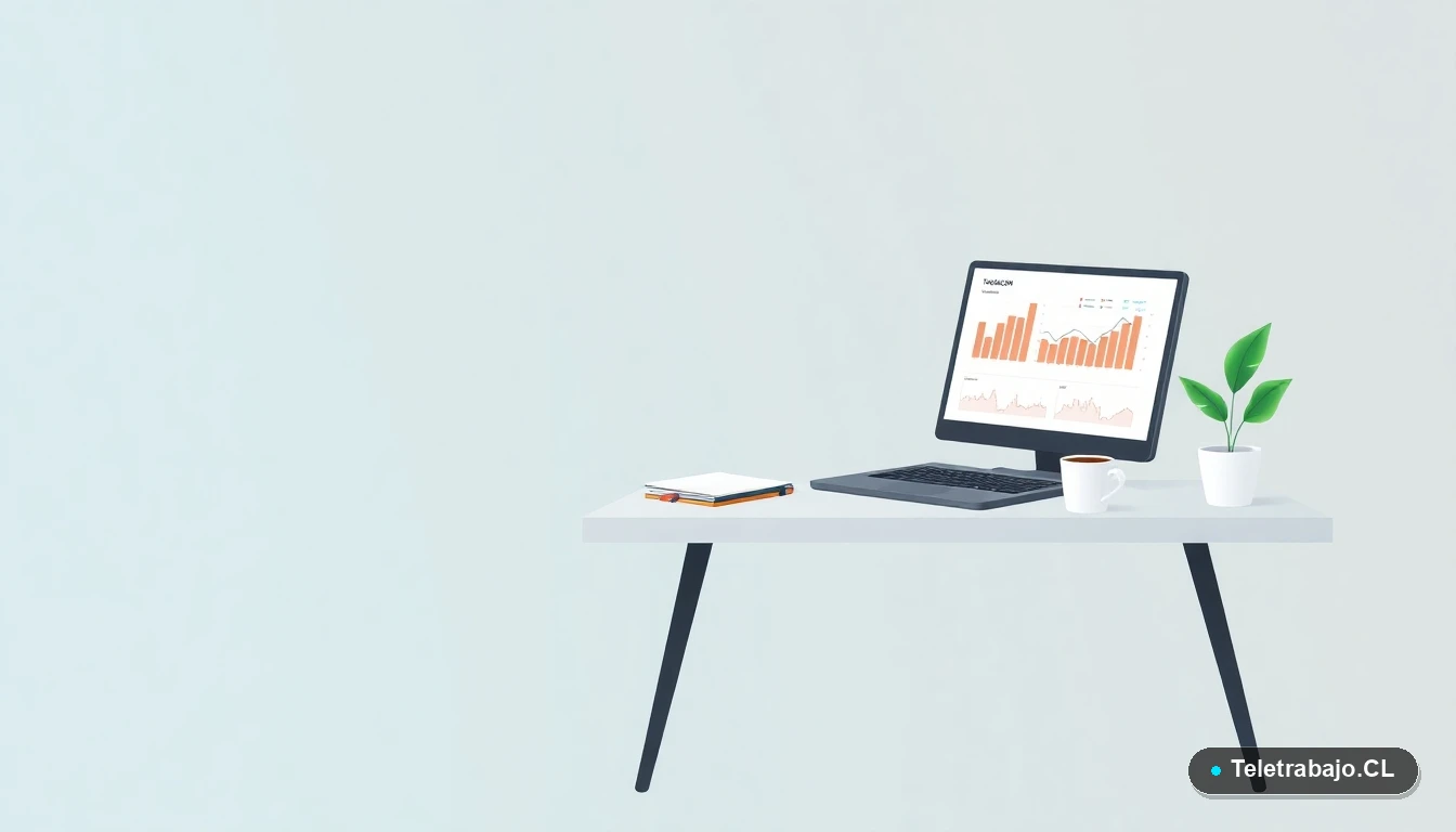 Escritorio moderno minimalista con laptop mostrando gráficos, cuaderno, taza de café y planta, representando el uso de plantillas de Excel para teletrabajo.