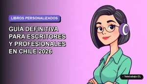 Ilustración vectorial plana de una mujer profesional chilena trabajando de forma remota, con fondo degradado lavanda y espacio negativo, para guía de plantillas de libros personalizados 2026.