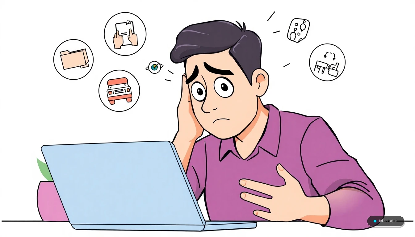 Persona experimentando tecnoestrés trabajando para múltiples plataformas digitales simultáneamente