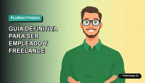 Ilustración plana vectorial de un trabajador masculino con suéter verde, representando la pluriactividad en Chile, sobre fondo degradado azul verdoso.