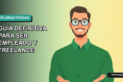 Ilustración plana vectorial de un trabajador masculino con suéter verde, representando la pluriactividad en Chile, sobre fondo degradado azul verdoso.