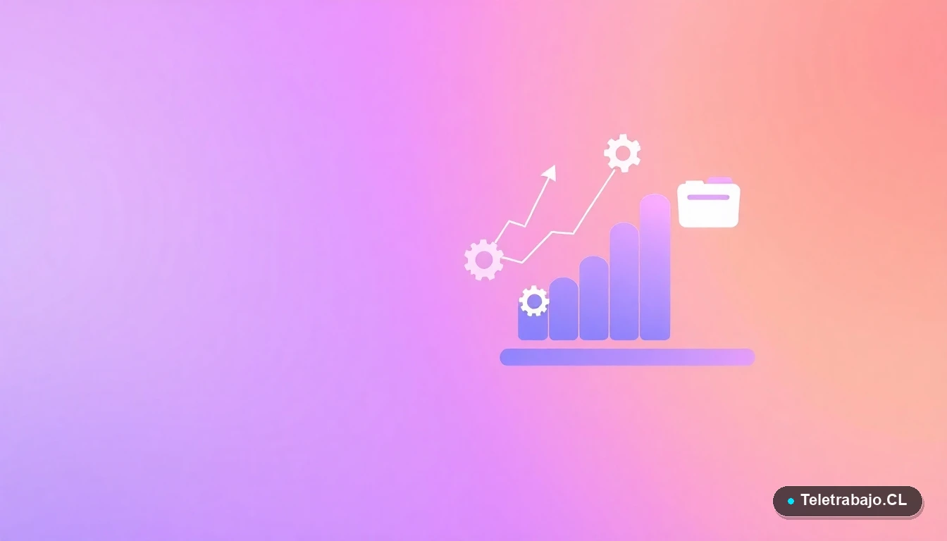Elementos abstractos de interfaz de usuario con gráficos y engranajes, concepto de productividad y tecnología para freelance, sobre fondo degradado lila y durazno.