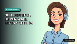 Ilustración vectorial plana de una trabajadora chilena de tecnología con blusa azul, sonriendo, sobre fondo degradado verde azulado. Concepto de pluriempleo y trabajo remoto 2026.