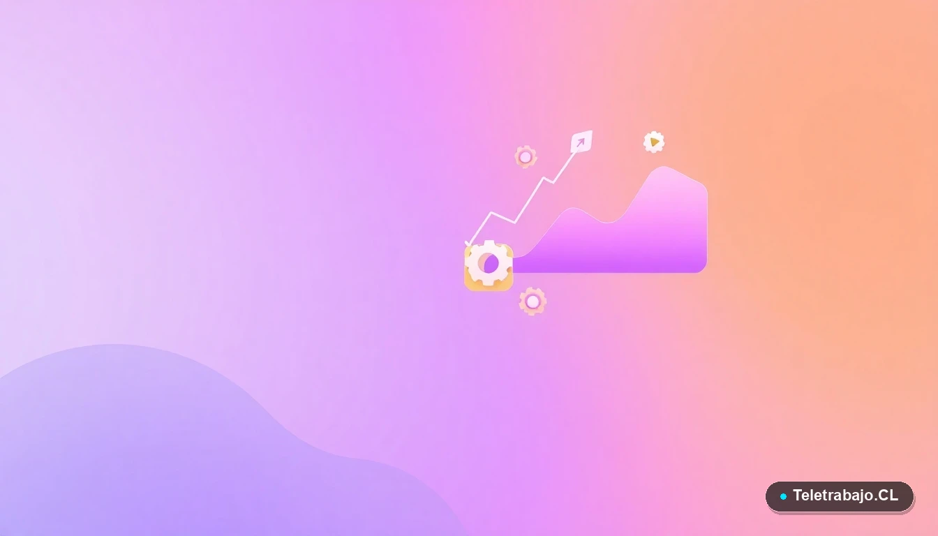 Elementos de interfaz de usuario abstractos: gráficos, engranajes y carpetas flotantes en tonos lavanda y durazno, sobre fondo degradado. Representación visual de gestión y datos para el pluriempleo.