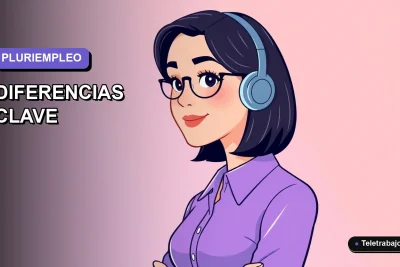 Ilustración plana corporativa de una mujer profesional de teletrabajo, estilo vectorial moderno, sobre fondo degradado lila suave.
