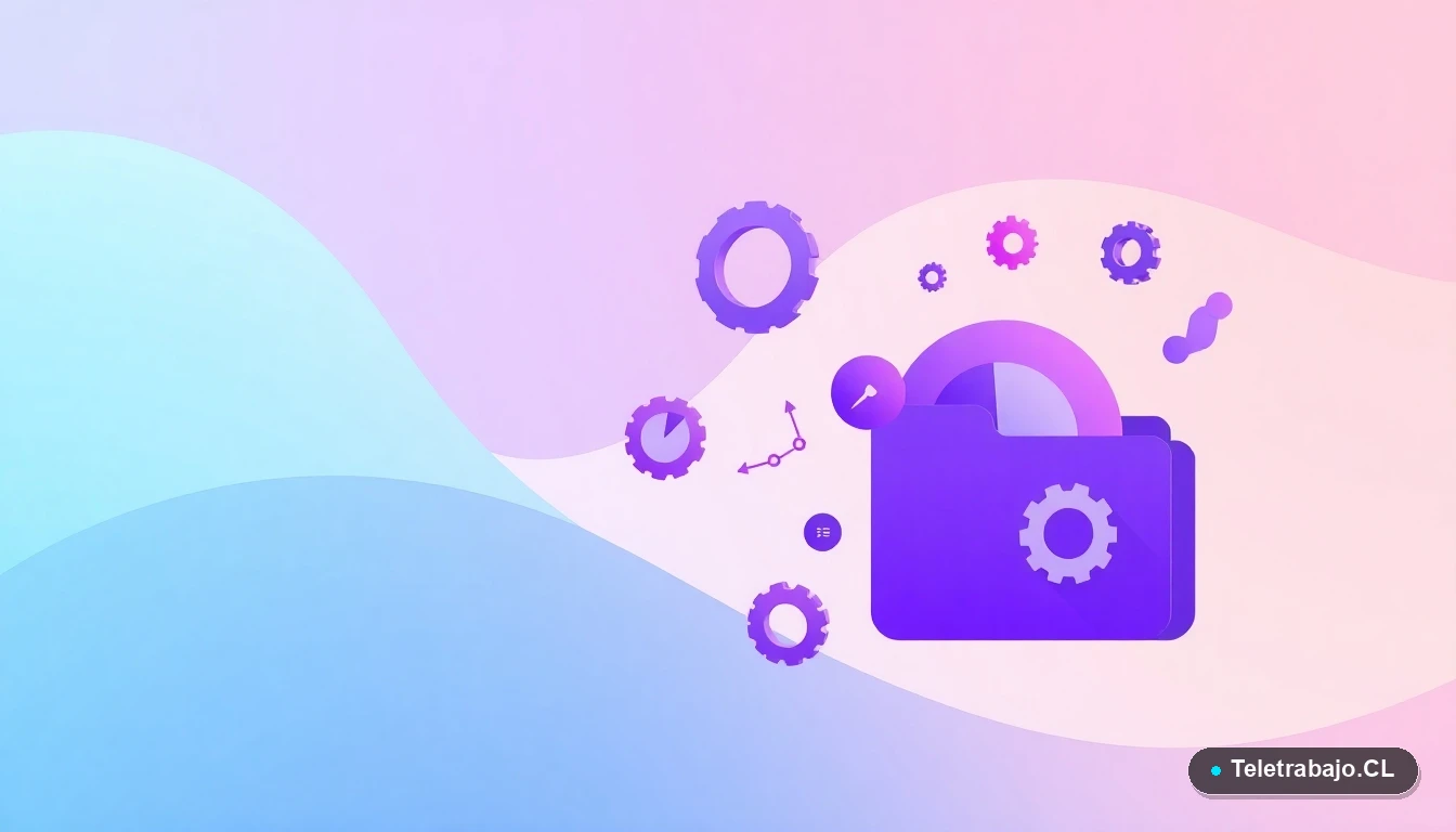 Composición abstracta de interfaz de usuario tecnológica con gráficos flotantes e iconos de engranajes, estilo ilustración vectorial plana, sobre fondo degradado frío.