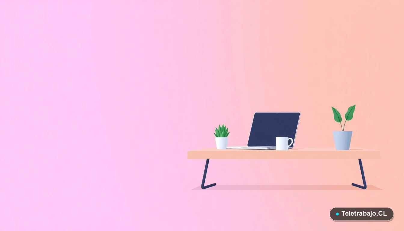 Escritorio moderno minimalista con laptop, taza de café y planta, representando el entorno de teletrabajo para el cálculo del Plus de Convenio.