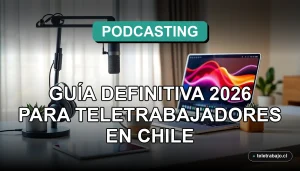 Estudio de podcast profesional en casa para teletrabajadores en Chile, con micrófono de condensador y auriculares en escritorio moderno.