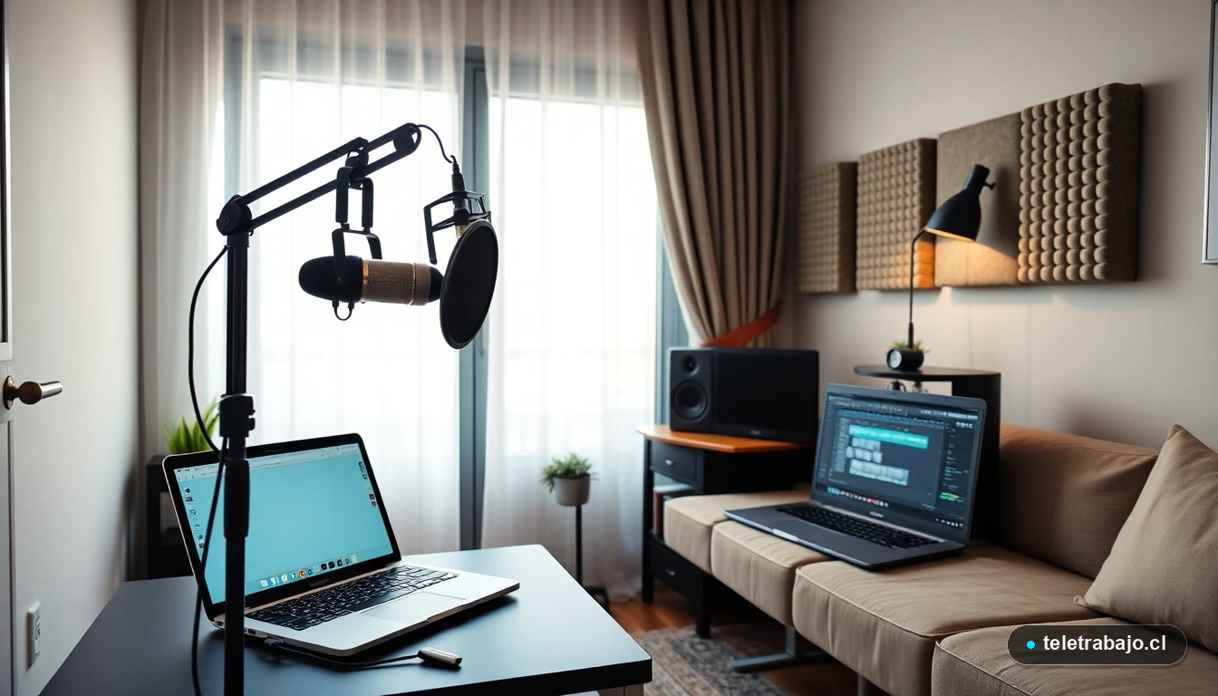 Estudio de podcast profesional montado en un departamento en Chile para teletrabajo creativo