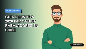 Ilustración plana vectorial de un hombre profesional chileno teletrabajando, creando un podcast desde su casa, fondo con gradiente azul moderno.