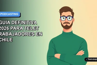 Ilustración plana vectorial de un hombre profesional chileno teletrabajando, creando un podcast desde su casa, fondo con gradiente azul moderno.