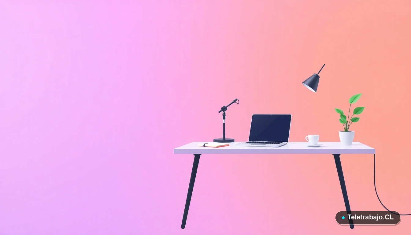 Escritorio moderno minimalista para podcast, con laptop, micrófono y plantas, ilustración vectorial plana con fondo gradiente lila y durazno.