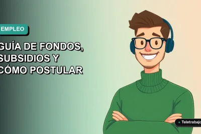 Ilustración vectorial plana de un trabajador remoto chileno sonriendo, con fondo degradado azul verdoso, representando las políticas de empleo y subsidios 2026.