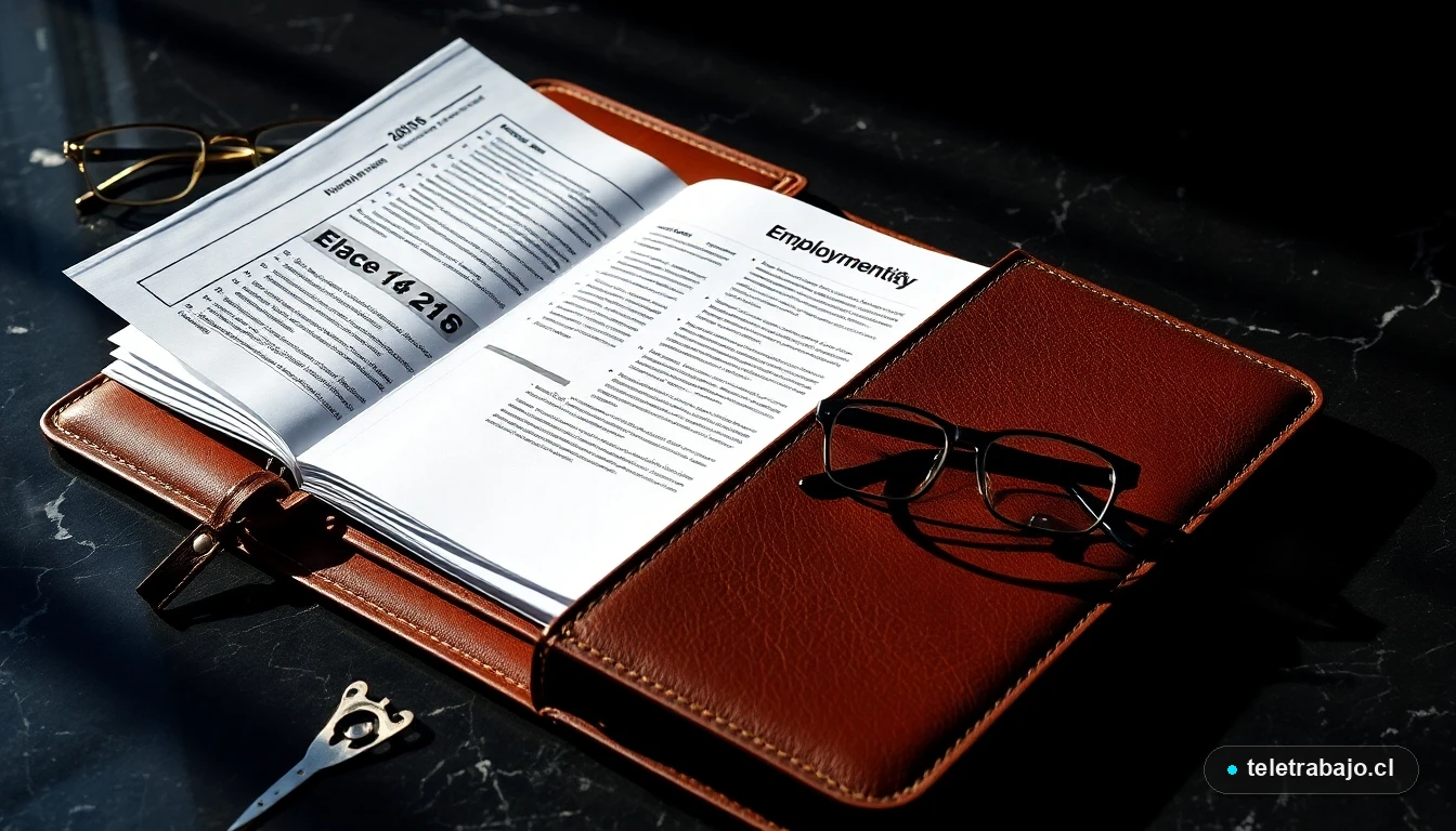 Primer plano de una carpeta de cuero abierta con documentos de políticas de empleo y unas gafas, concepto de preparación profesional.