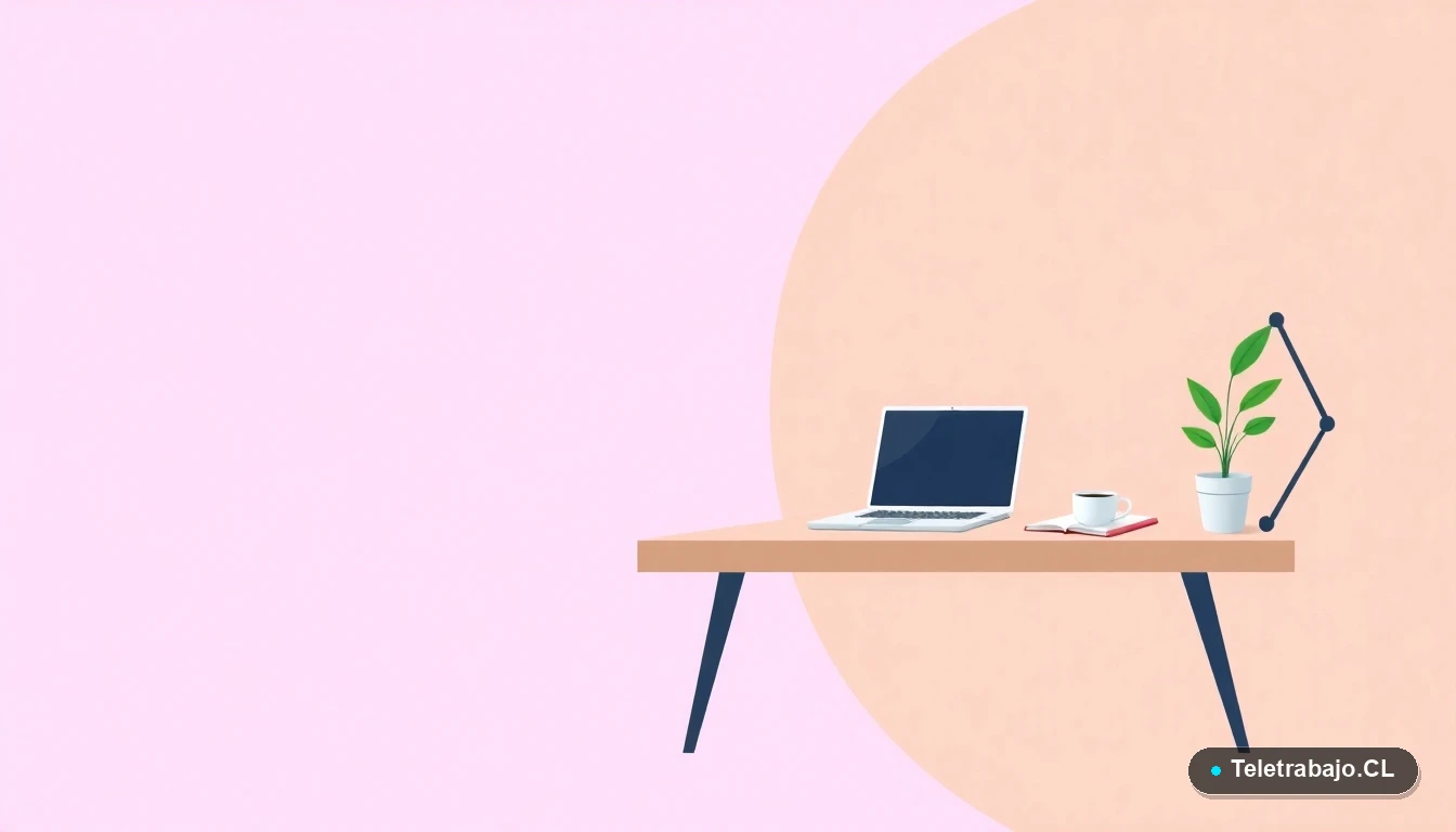 Escritorio moderno minimalista para teletrabajo con laptop, café y planta, sobre fondo degradado abstracto.