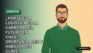 Ilustración plana vectorial de un trabajador masculino de logística, estilo Corporate Memphis, con fondo degradado azul y verde. Representa las oportunidades laborales en Chile.