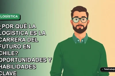 Ilustración plana vectorial de un trabajador masculino de logística, estilo Corporate Memphis, con fondo degradado azul y verde. Representa las oportunidades laborales en Chile.