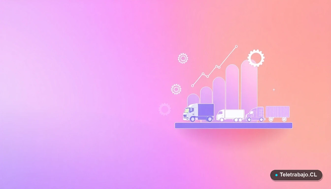 Elementos abstractos de interfaz de usuario: gráficos, engranajes y iconos de logística flotantes, ilustración plana vectorial con fondo degradado lila y durazno.