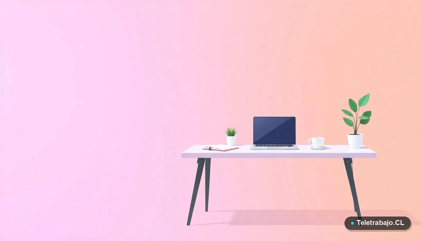 Escritorio moderno vacío con laptop, café y planta, en estilo de ilustración vectorial plana, sobre fondo degradado lavanda.