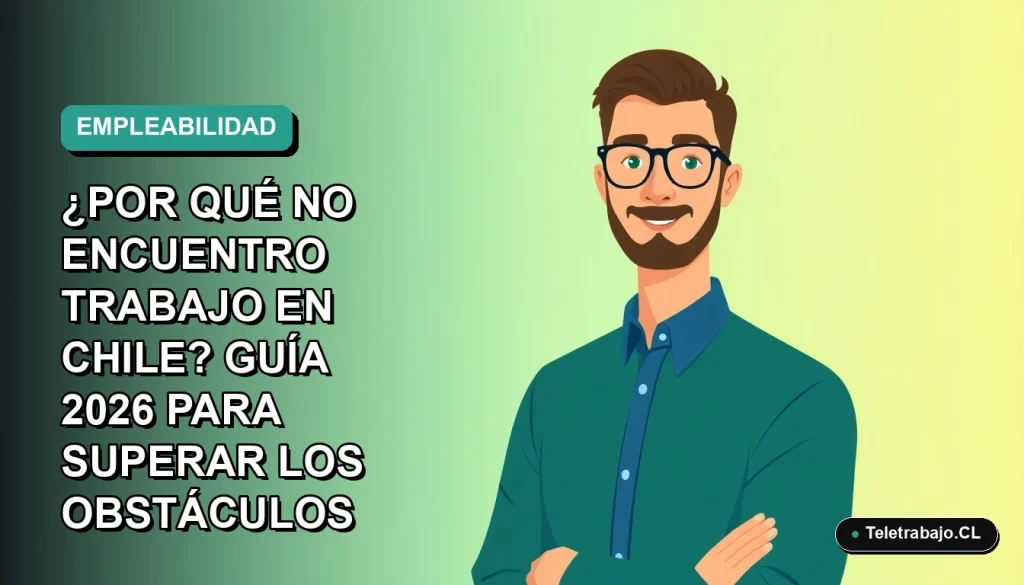 Ilustración plana vectorial de un hombre profesional con camisa azul y suéter verde, mirando con optimismo, sobre fondo degradado azul verdoso. Representa la búsqueda de empleo en Chile.