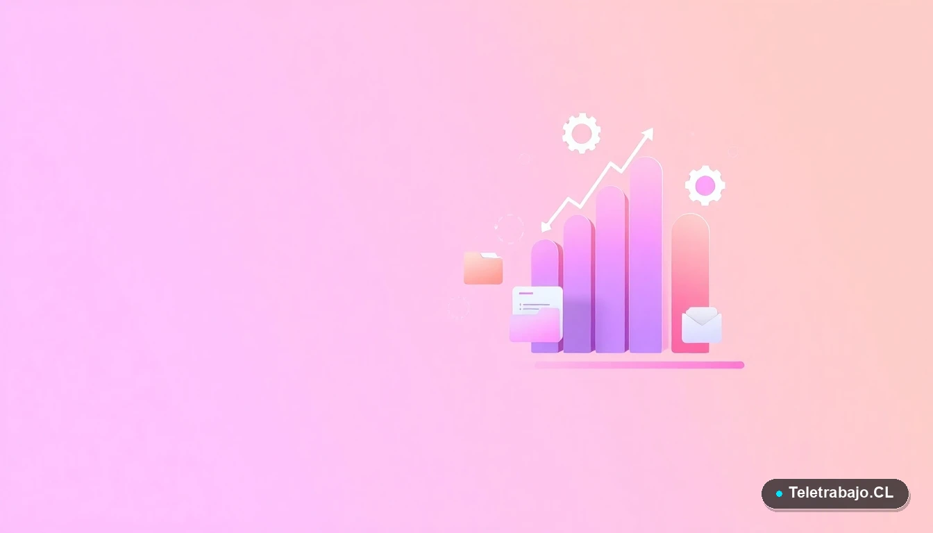 Composición abstracta de interfaz de usuario tecnológica con gráficos, engranajes y carpetas flotantes en colores lavanda y durazno, sobre fondo degradado. Representa conceptos de productividad y superación de obstáculos laborales.