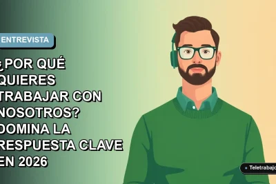Ilustración plana vectorial de un hombre trabajador remoto con suéter verde, sobre fondo degradado azul y blanco, espacio negativo a la izquierda.
