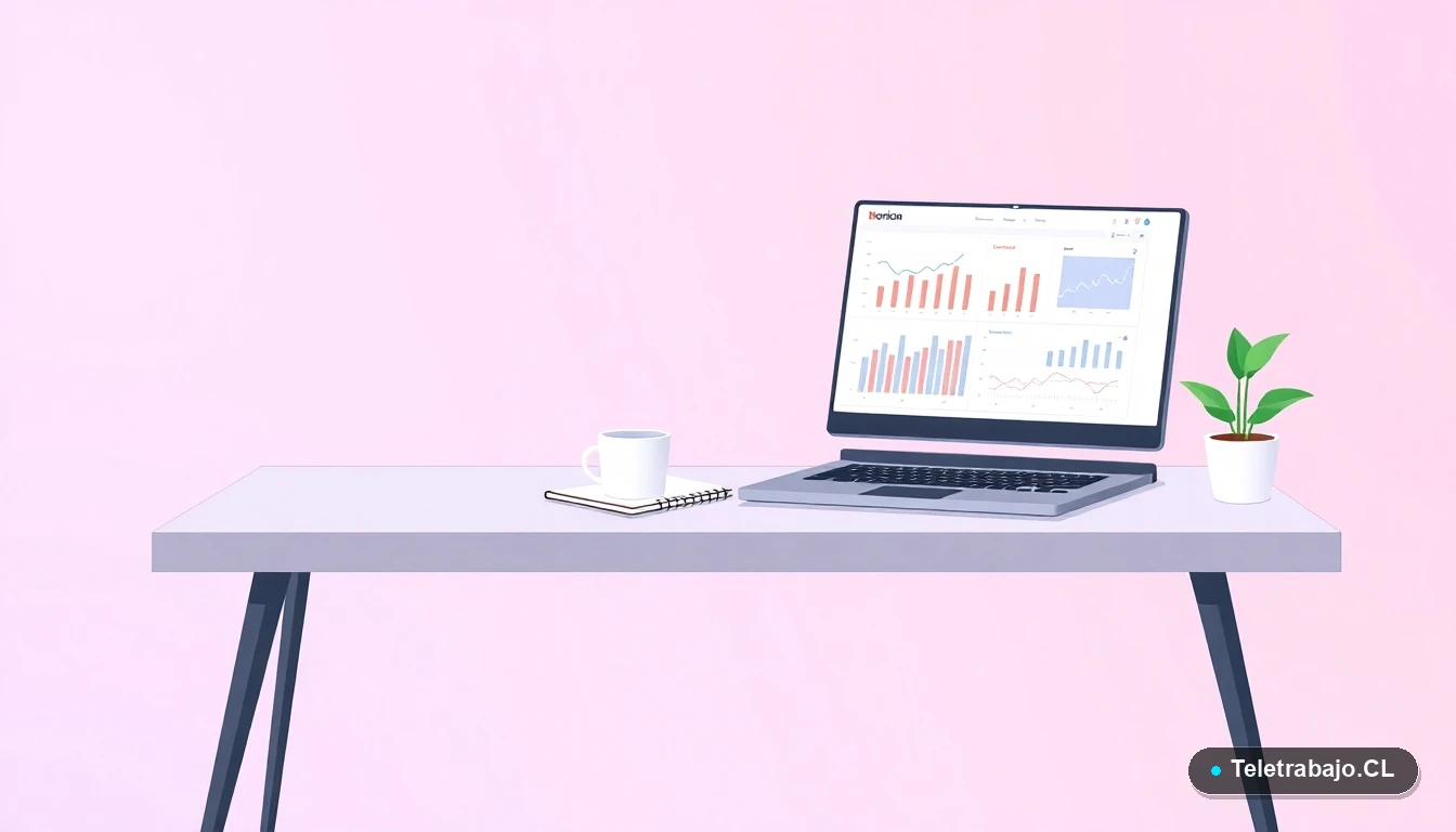 Escritorio moderno minimalista con laptop, gráficos, taza de café y planta, ilustración plana vectorial sobre fondo degradado lila y durazno.