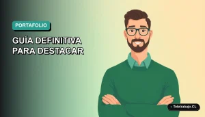 Portafolio digital de un freelancer moderno con ilustración plana de trabajador remoto masculino sobre fondo degradado azul verdoso.