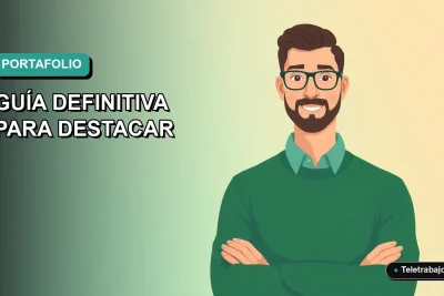 Portafolio digital de un freelancer moderno con ilustración plana de trabajador remoto masculino sobre fondo degradado azul verdoso.