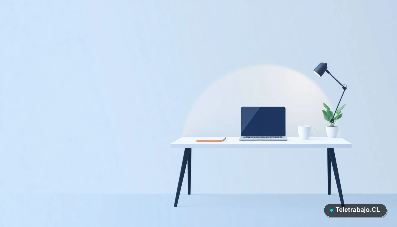 Escritorio moderno y minimalista para freelancer, con laptop, cuaderno, taza de café y planta, ilustración plana sobre fondo degradado azul grisáceo.