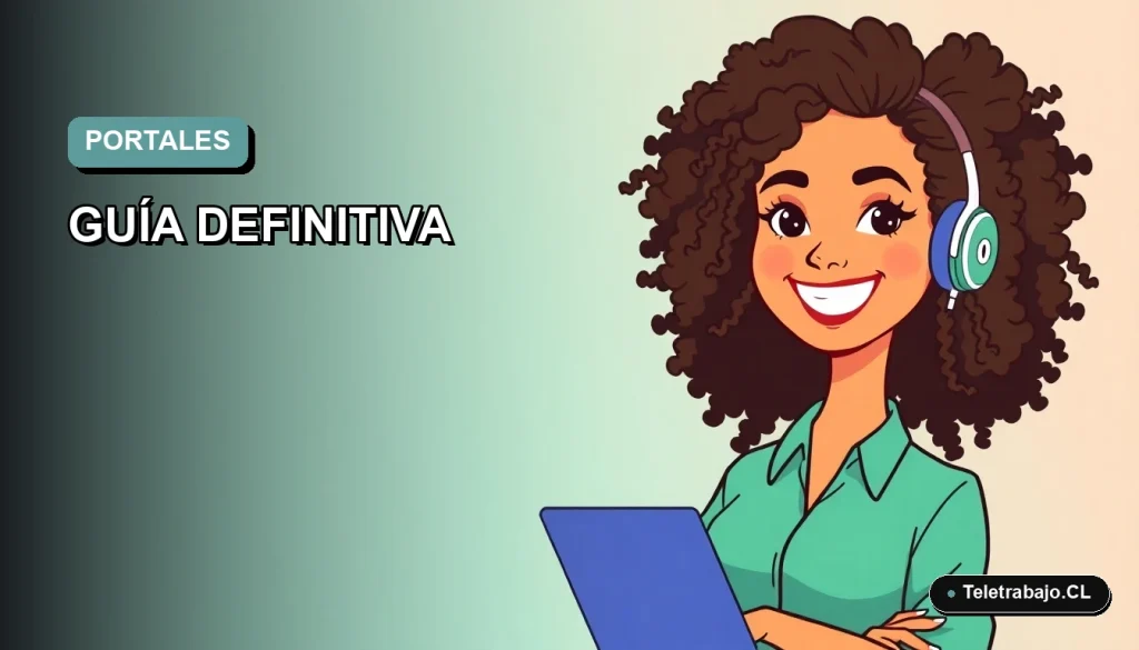 Guía definitiva de portales para trabajo remoto en 2026, ilustración plana de mujer profesional feliz con fondo degradado azul verdoso.