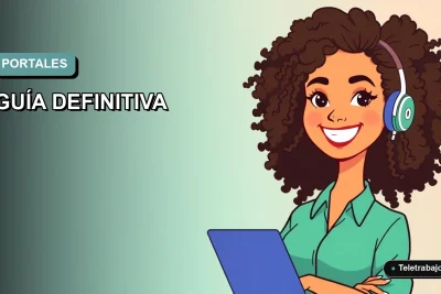 Guía definitiva de portales para trabajo remoto en 2026, ilustración plana de mujer profesional feliz con fondo degradado azul verdoso.