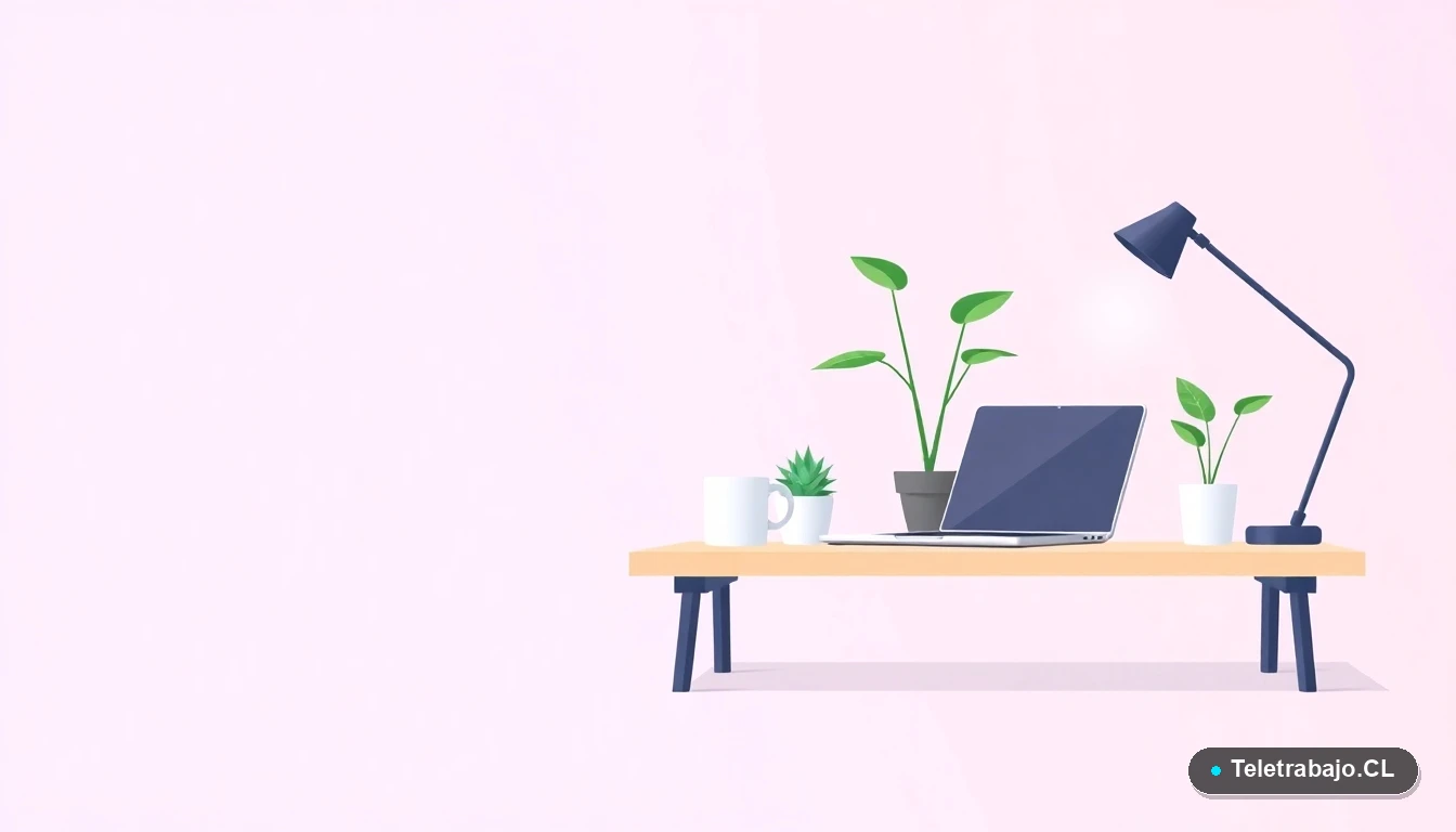 Escritorio moderno minimalista para trabajo remoto con laptop, taza de café y planta, fondo degradado lila, concepto de espacio de trabajo en casa.