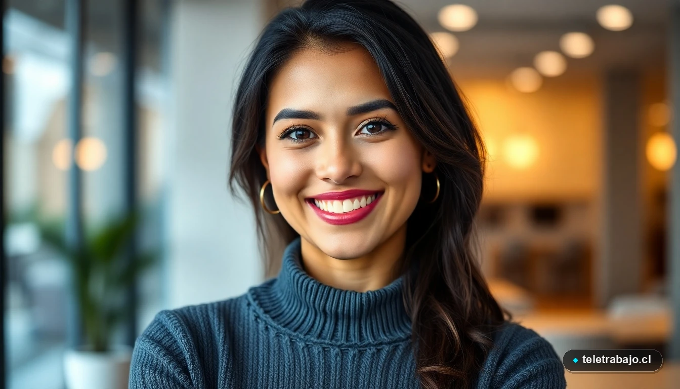 Mujer hispana profesional sonriendo con confianza, representando el éxito en el trabajo remoto