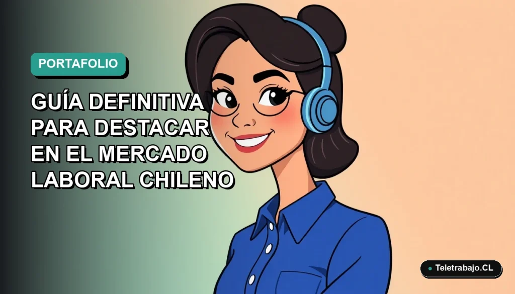 Ilustración plana de mujer profesional chilena sonriente con blusa azul, sobre fondo gradiente verde azulado, concepto de portafolio laboral 2026.