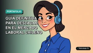 Ilustración plana de mujer profesional chilena sonriente con blusa azul, sobre fondo gradiente verde azulado, concepto de portafolio laboral 2026.