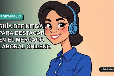 Ilustración plana de mujer profesional chilena sonriente con blusa azul, sobre fondo gradiente verde azulado, concepto de portafolio laboral 2026.