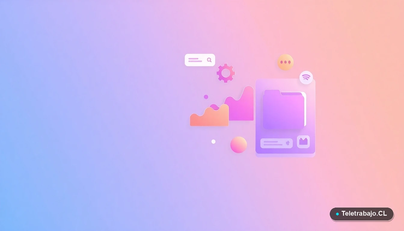 Composición abstracta de interfaz de usuario con gráficos flotantes y engranajes estilizados en colores lavanda y durazno, sobre fondo gradiente, concepto de tecnología y organización profesional.