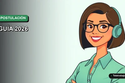 Ilustración vectorial plana de una mujer profesional de teletrabajo sonriendo, con fondo degradado verde suave, concepto de postulación laboral.