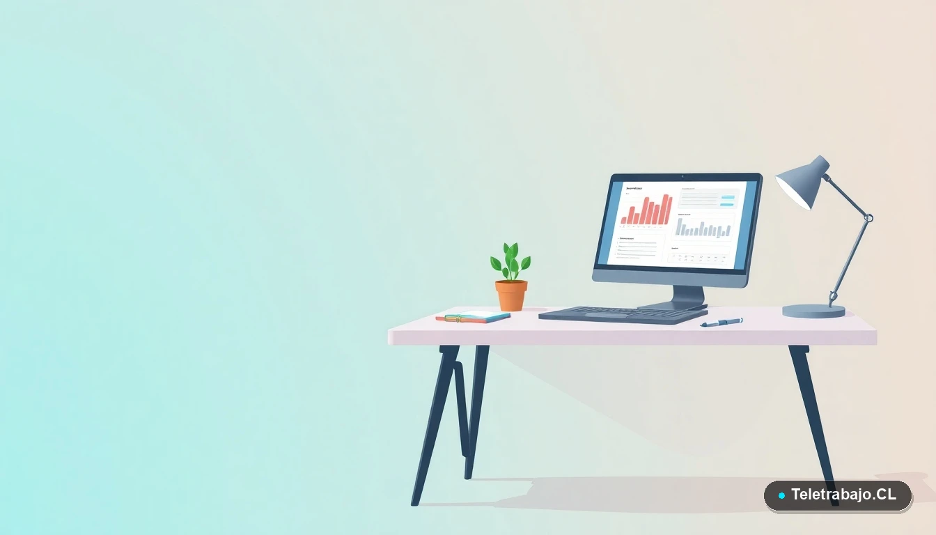 Escritorio moderno minimalista para teletrabajo con laptop, planta y cuaderno, sobre fondo degradado azul verdoso, espacio negativo amplio.