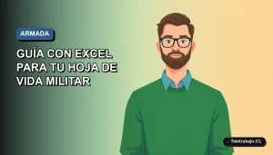 Ilustración vectorial plana de un hombre con suéter verde, estilo Corporate Memphis, sobre fondo degradado azul. Representa postulación a la Armada de Chile con guía en Excel.