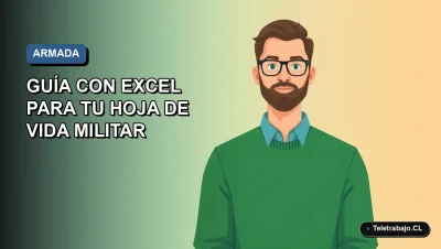 Ilustración vectorial plana de un hombre con suéter verde, estilo Corporate Memphis, sobre fondo degradado azul. Representa postulación a la Armada de Chile con guía en Excel.